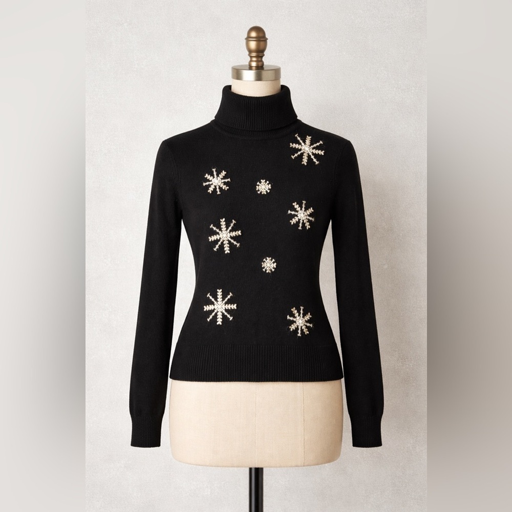 Vintage Black Snowflake Knit Sweater – Wool & Rabbit Hair Blend